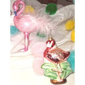 Two Pink Flamingo Christmas Ornaments Handblown Glass Glitter Accents Elegant Ho